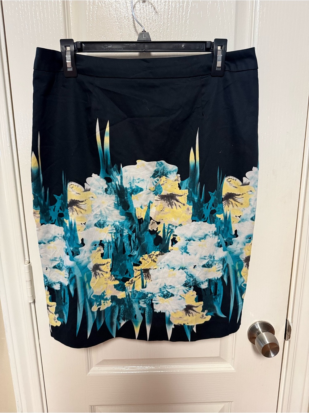 Cleo Floral Print Black Pencil Skirt with Teal and Yellow Accents